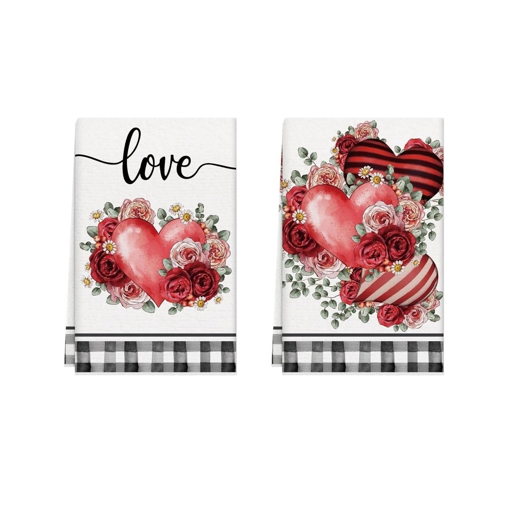 Heart Floral Kitchen Towels - Red &‎ Pink Floral Set